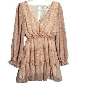 Lush Sz M Tiered Ruffle Mini Dress Coral Balloon Sleeve ditsy floral cottagecore